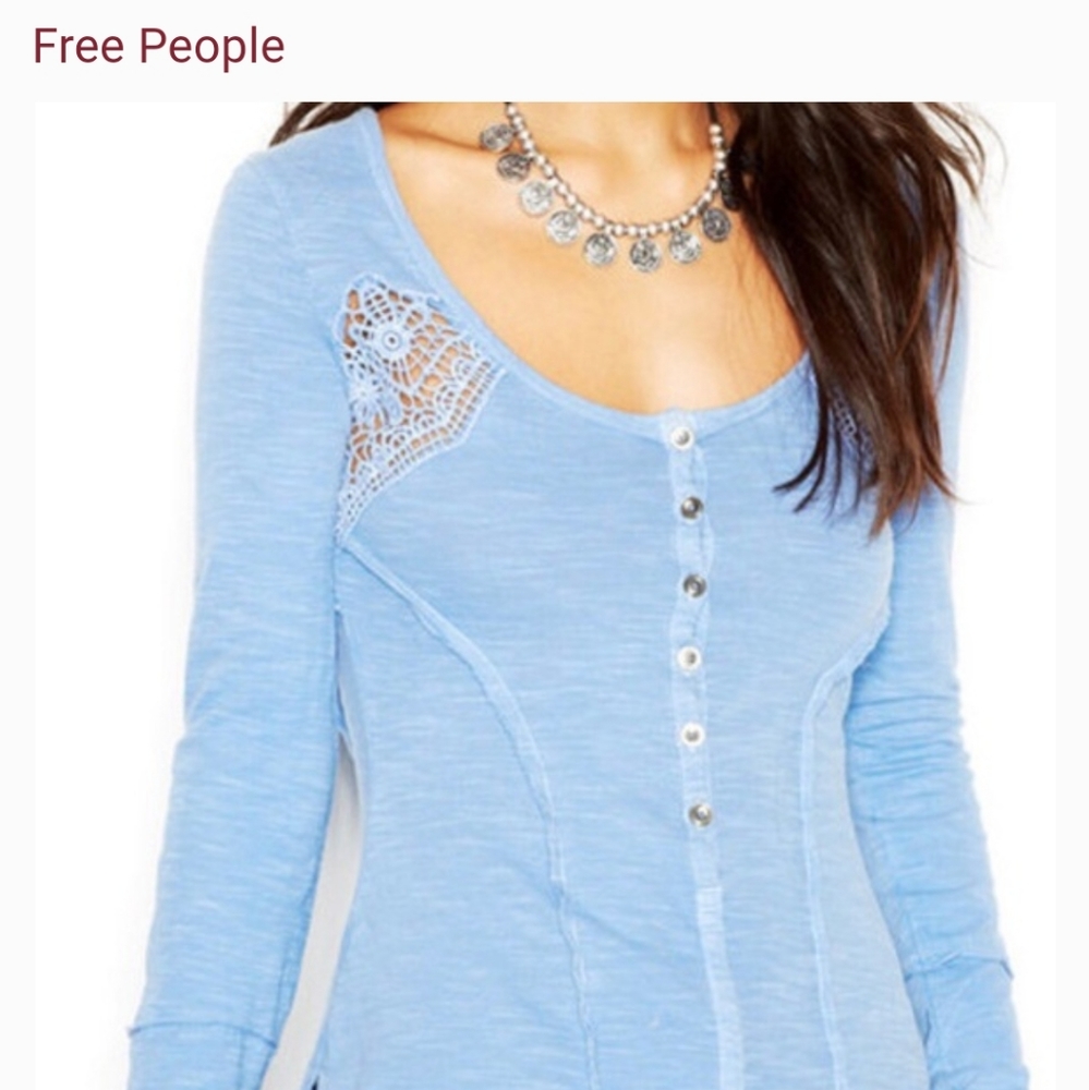 Free People Sky Blue Lace-Shoulder Henley Long Sleeve Top